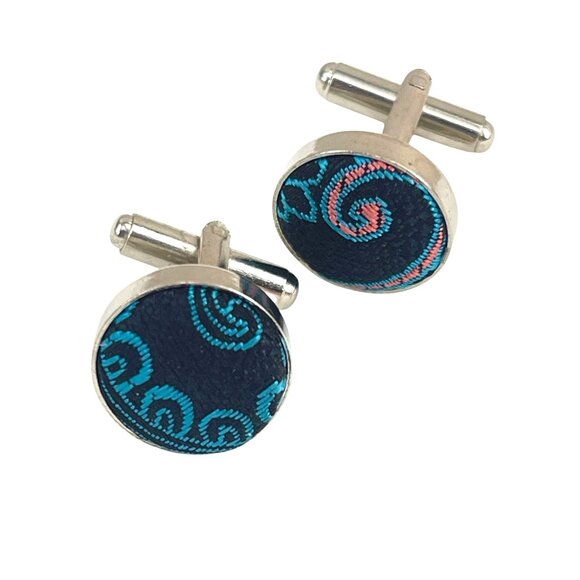 Round Silver Cufflinks With Blue & Pink Swirl Fabric Design - Picture 4 of 5